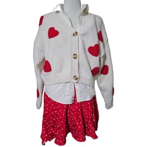 White Cardigan with Red Heart Pattern